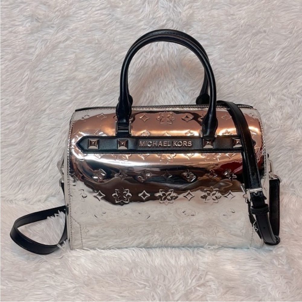 Michael Kors MK Kara Mirror Metallic Silver Embossed Large Duffle Satchel Bag